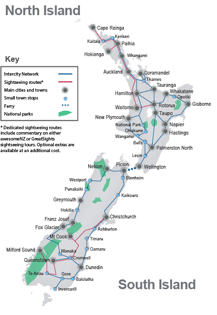 New Zealand national scenic bus and coach travel routes and destinations